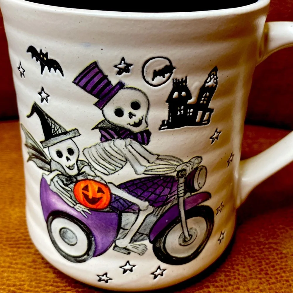 Cobwebs & Cauldrons Halloween Skeletons Riding Motorcycle 18 oz Ceramic Mug
